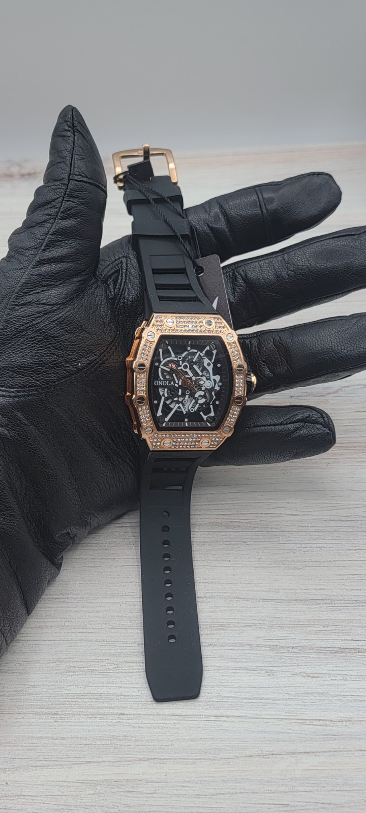ONOLA Automatic Mechanical Skeleton Watch Rose Gold Black Diamond Style New With