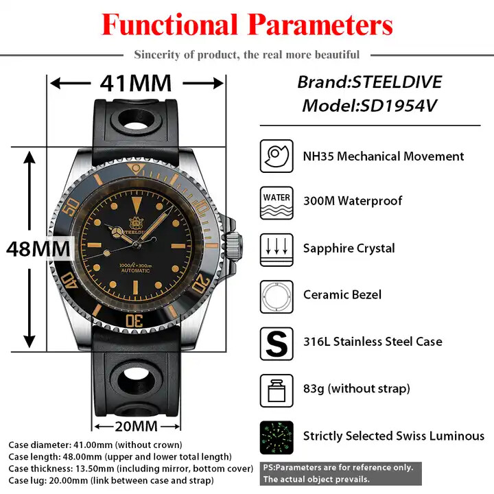 STEELDIVE SD1954V Sub NH35A Diver 300M Automatic Watch 40.5mm 316L C3