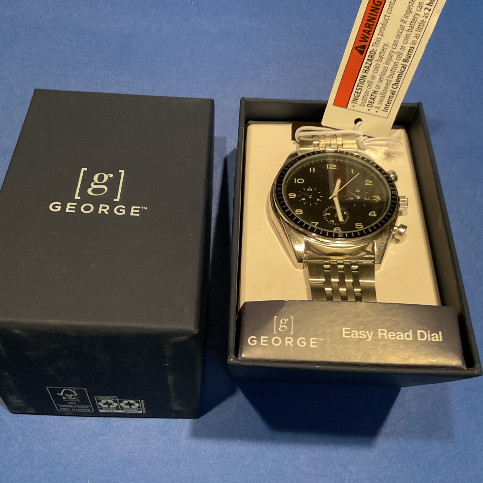 GEORGE Men’s Round Silver Analog Watch Easy Read Black Dial Silver Metal Bd NIB