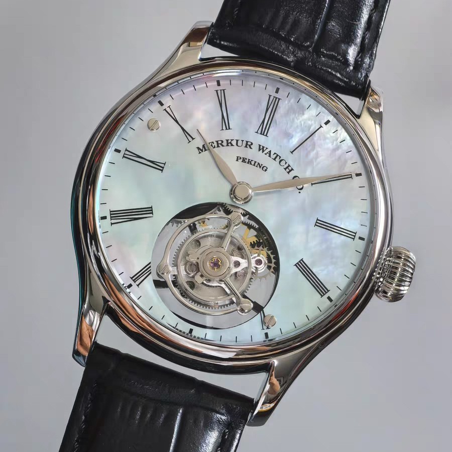 Merkur Men Tourbillon Watch 42mm Mechanical Wristwatch Sapphie Mirror MOP Dial