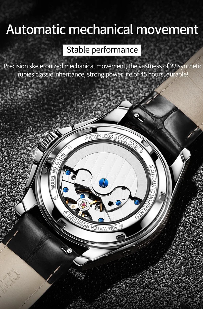 Automatic Mechanical Watch Waterproof Moon Phase Luxury Dial Men Men’s Strap