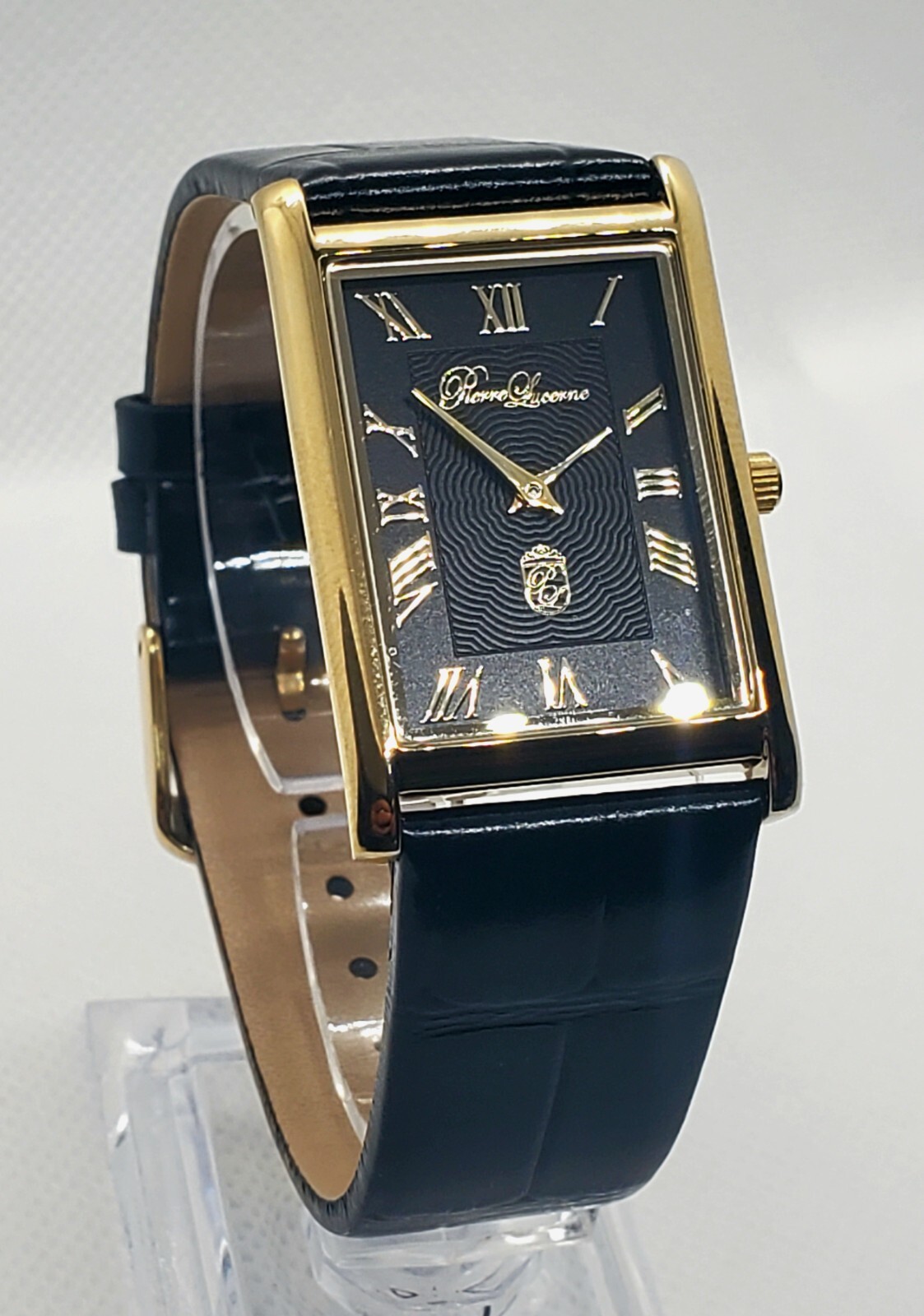 Authentic Pierre Lucerne Slim Quartz Mens BLK Tank Dress Watch