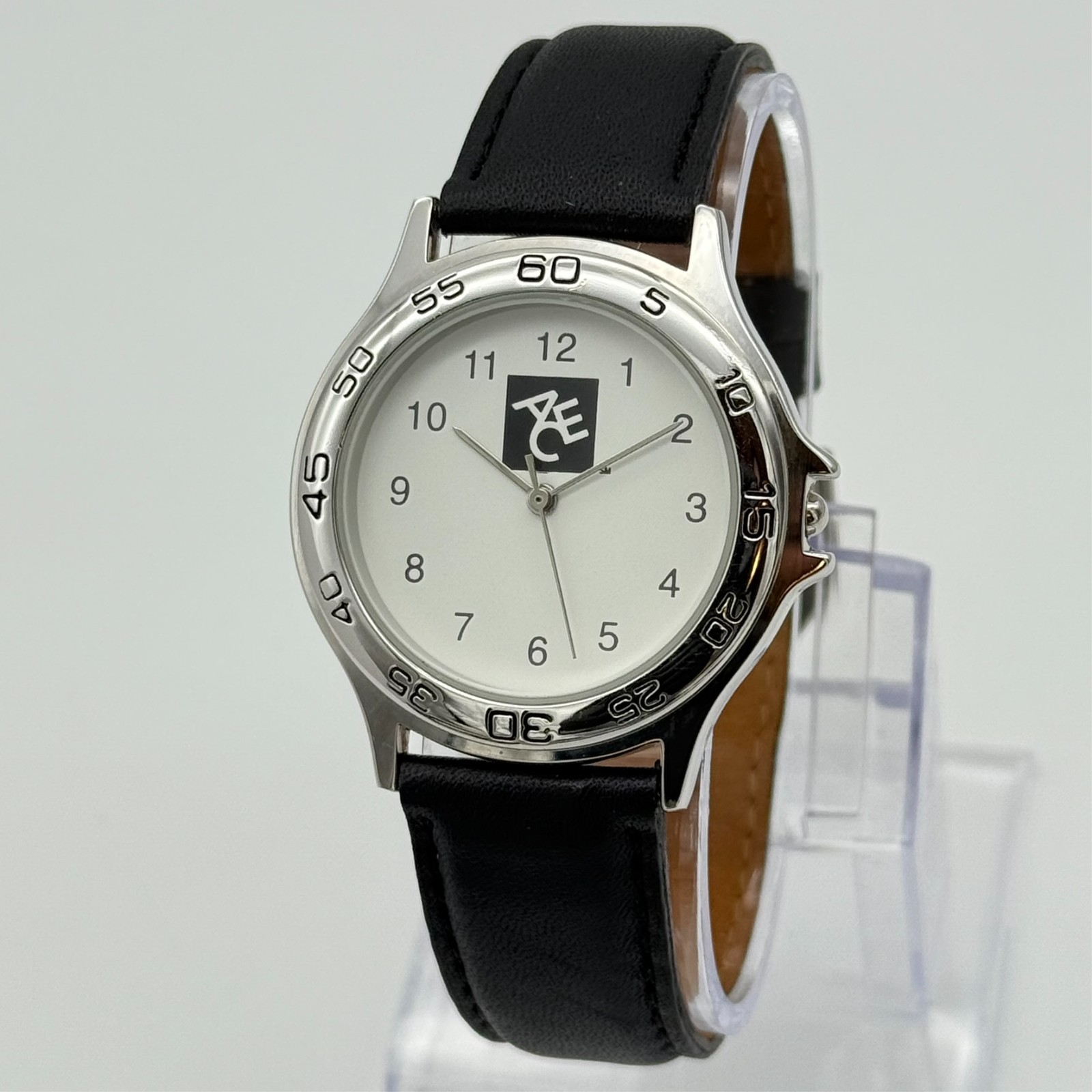 Unisex ACE Insurance Logo Silver Tone Classic Quartz Watch, Black Leather, 36mm