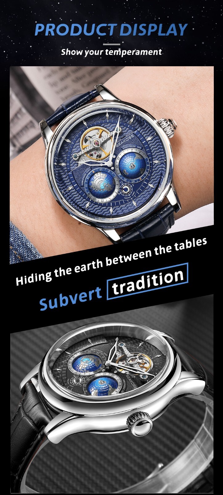 SEAKOSS Men’s Automatic Watch World Time Blue Dial Rose Gold Leather Strap