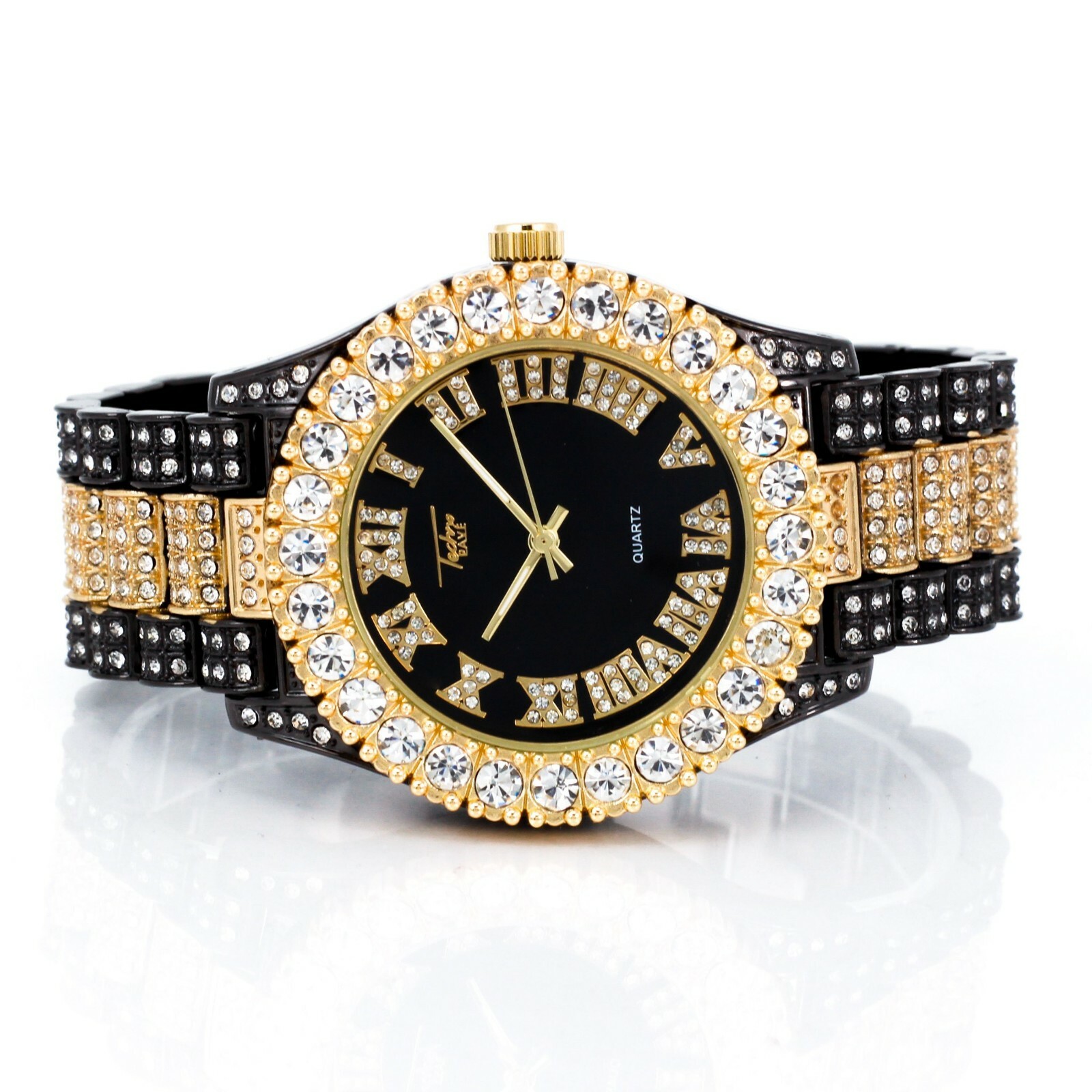 Luxury Hip Hop Cubic Zirconia Bling Iced Two Tone Gold Plated Alloy Wrist Watch