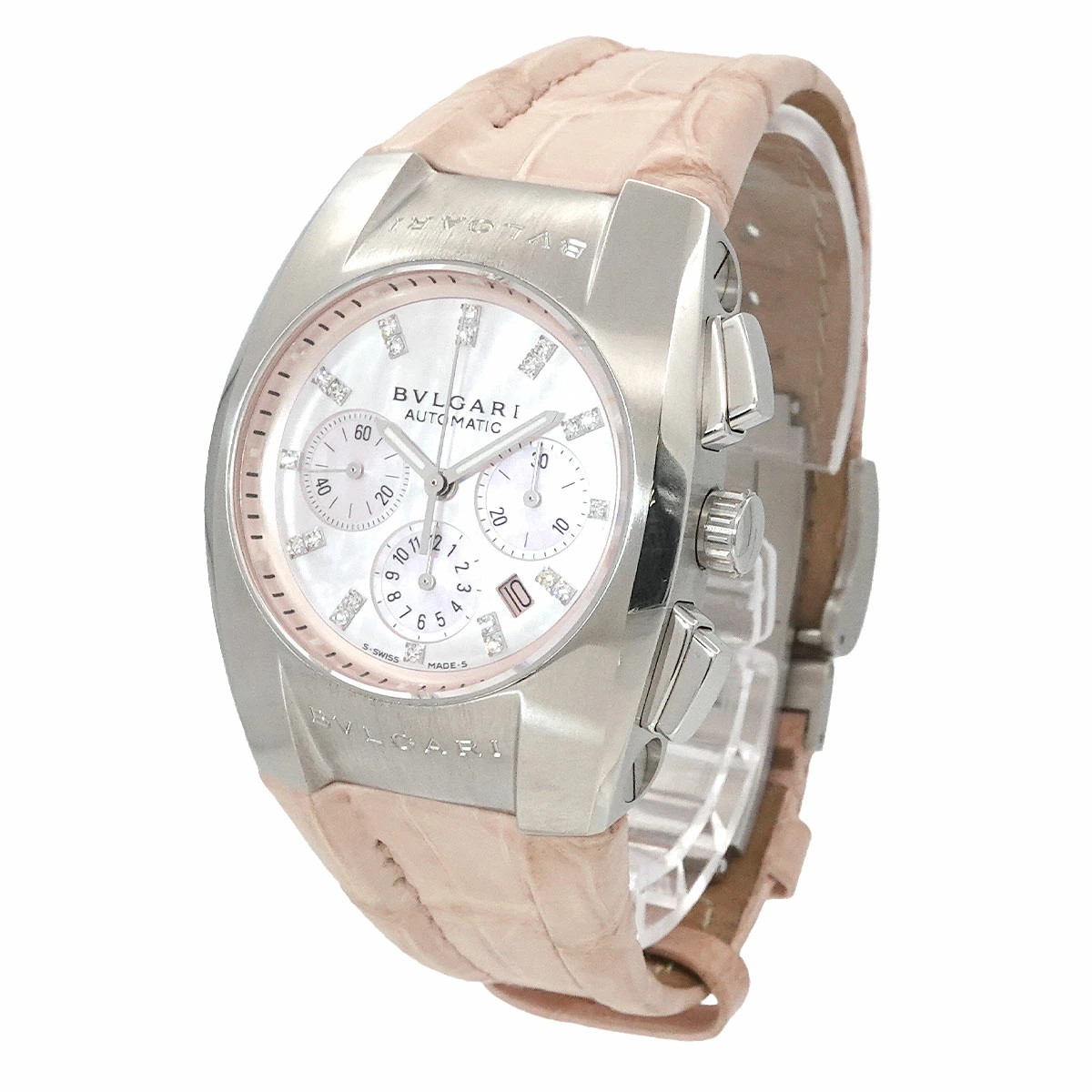 Bvlgari Watch Ergon EG35SCH Chronograph Date 21 Diamonds Pink Shell Women’s Auth