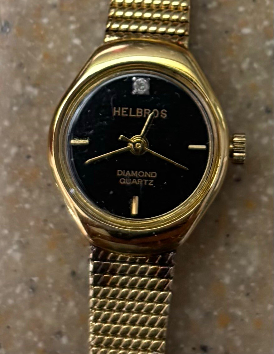 Helbros Diamond Quartz Women’s Gold Tone Bracelet Watch Black Dial Gem Markers