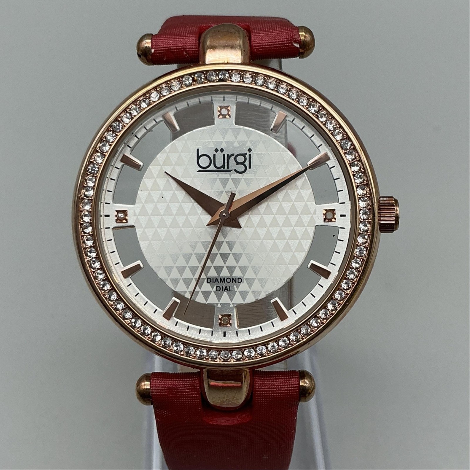 Burgi Womens Watch 37mm Rose Gold Tone Silver Dial Red Leather Diamond Bezel