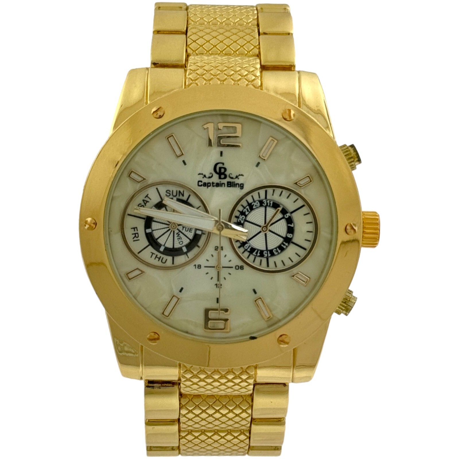 Captain Bling Chronograph Watch with Pearl White Opal Dial and Gold Stainless st