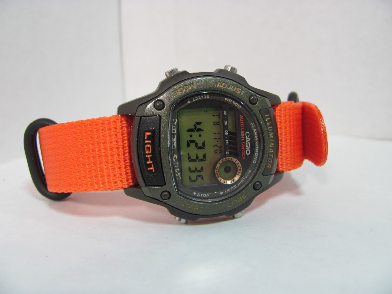 Vintage Casio Brown Green W-94H Digital Watch w/ Orange Canvas Band Illuminator