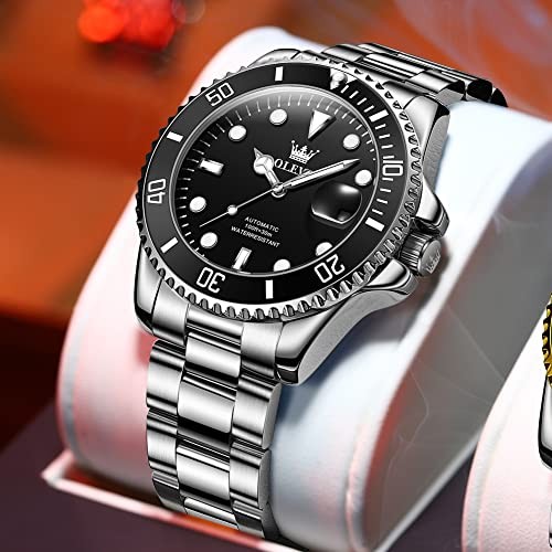 Men’s Automatic Watch, Large Face Easy to Read 01 Black Dial Silver Band