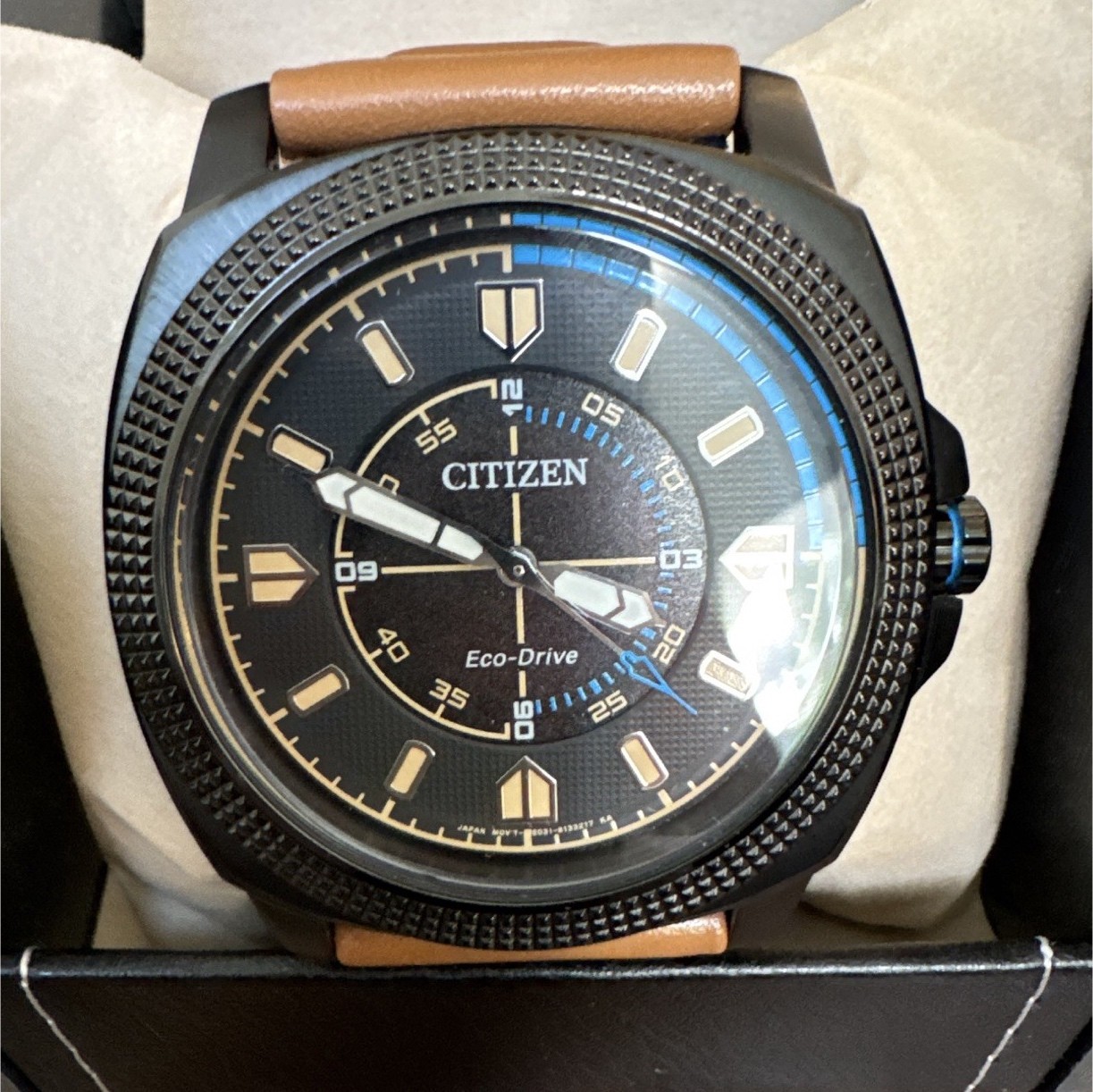 Citizen Eco-Drive Quartz Black Textured Dial 45mm Cushion WR100m Brown Leather