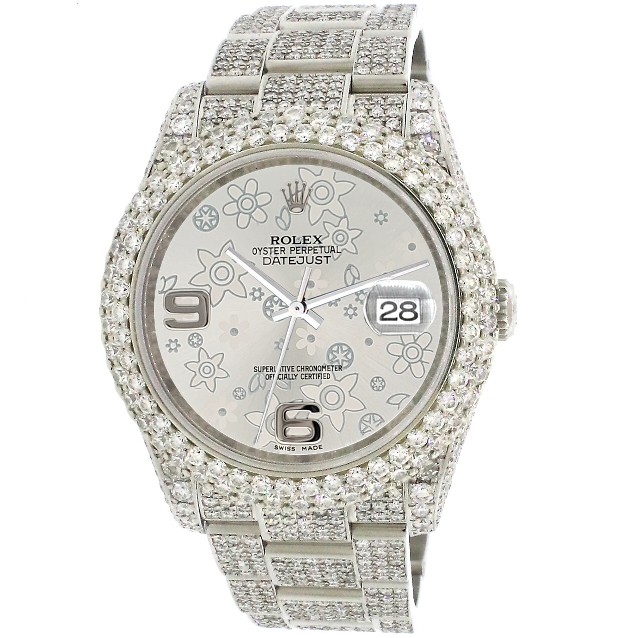 Rolex Datejust 36mm Pave 16.9ct Diamonds Watch With Silver Dial Box Papers