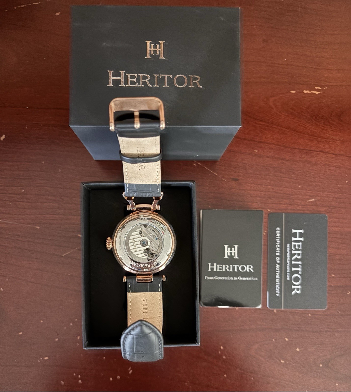 Heritor Automatic Ganzi Semi-Skeleton Leather-Band Watch – Rose Gold/Black