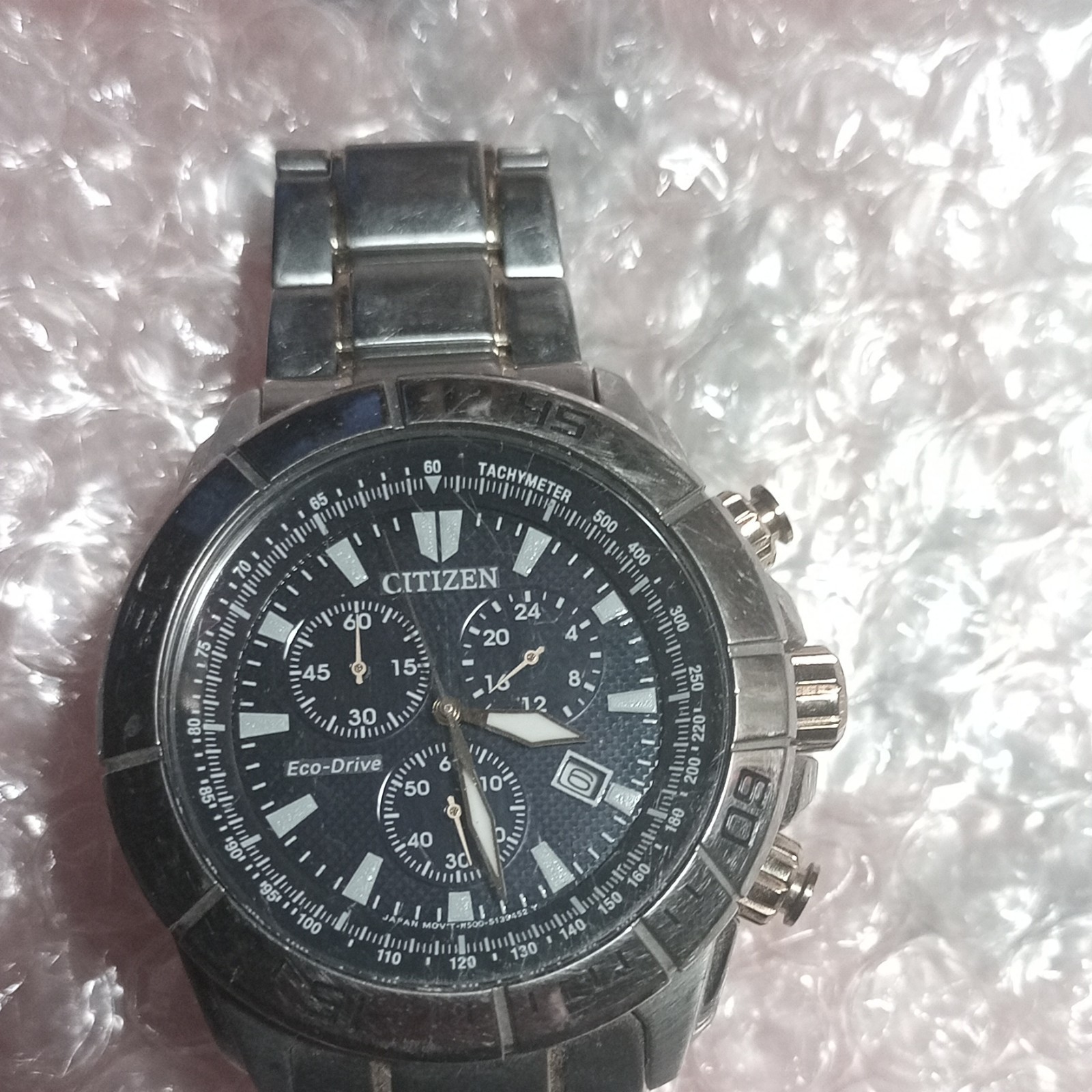 Citizen Eco-Drive Chronograph Date Tachymeter Black Dial SS 45mm 100m