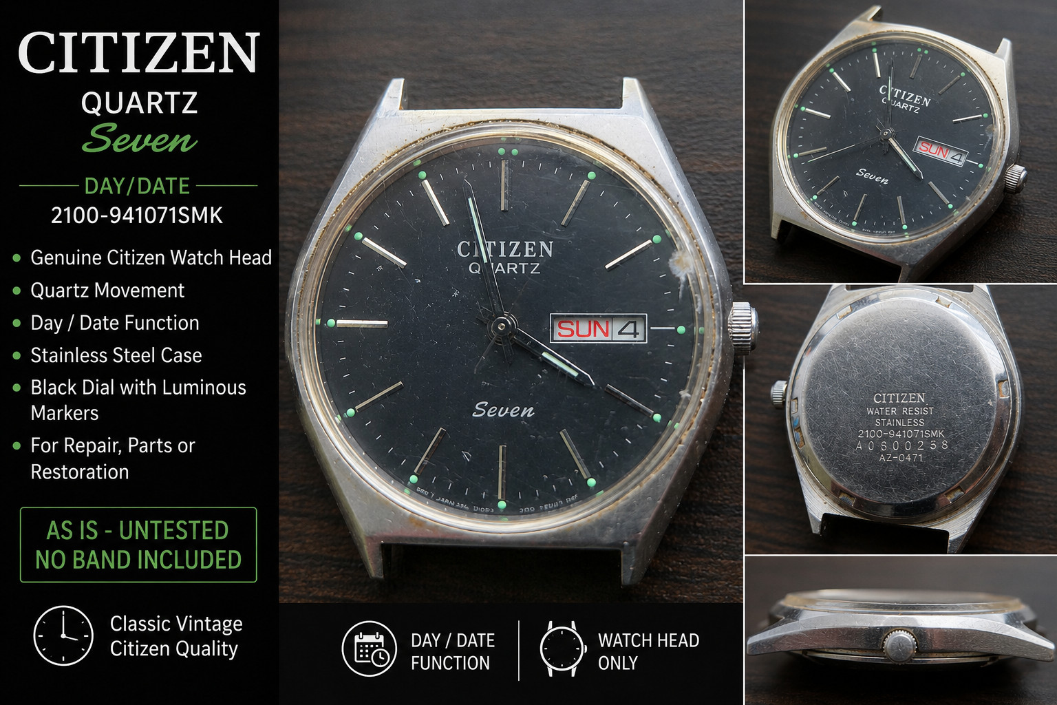 Vintage Citizen Quartz Seven Day Date Watch Head Only 2100-941071SMK Parts Repai
