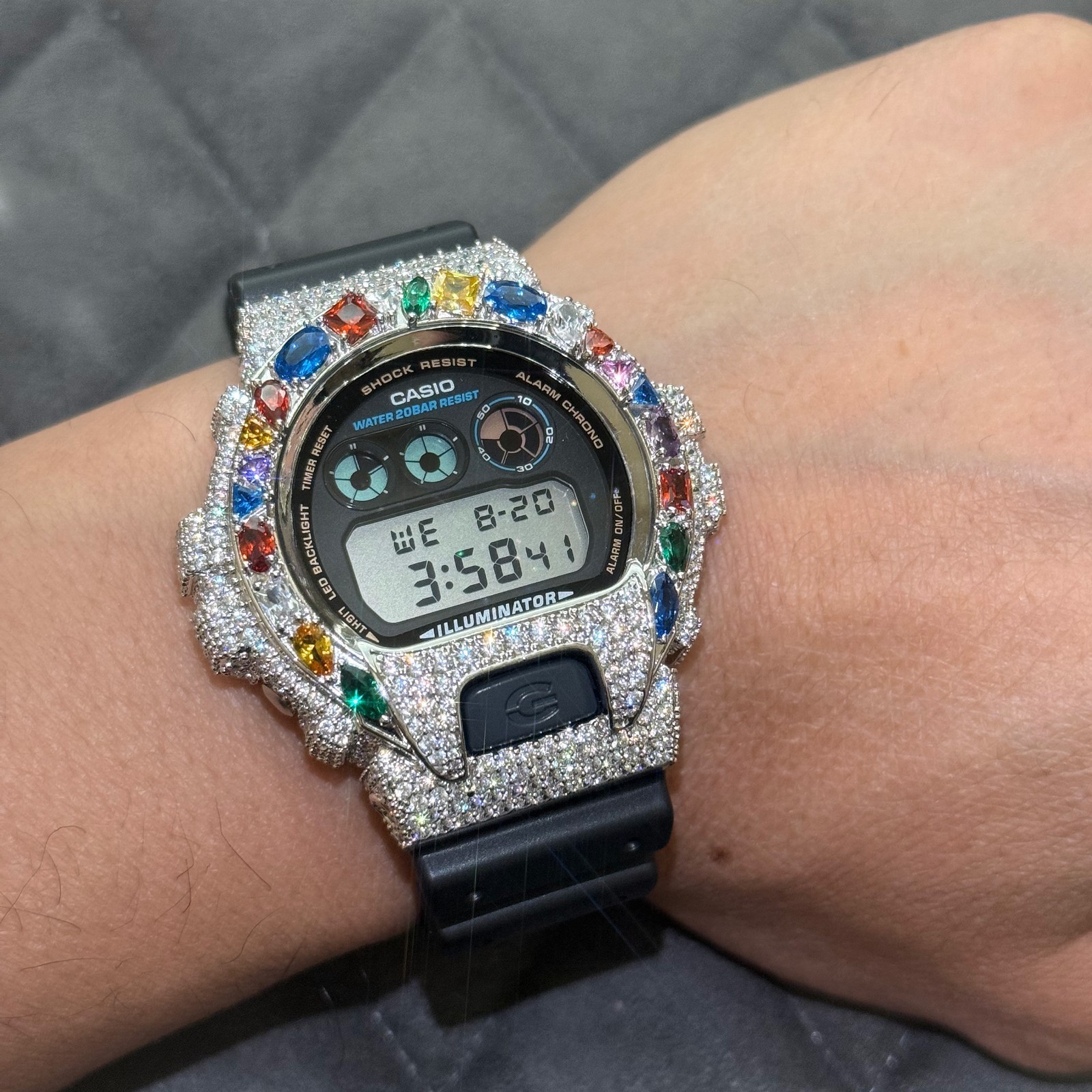 Authentic Casio G-Shock DW6900 Custom Multi Color Gemstone Iced Out Watch Silver