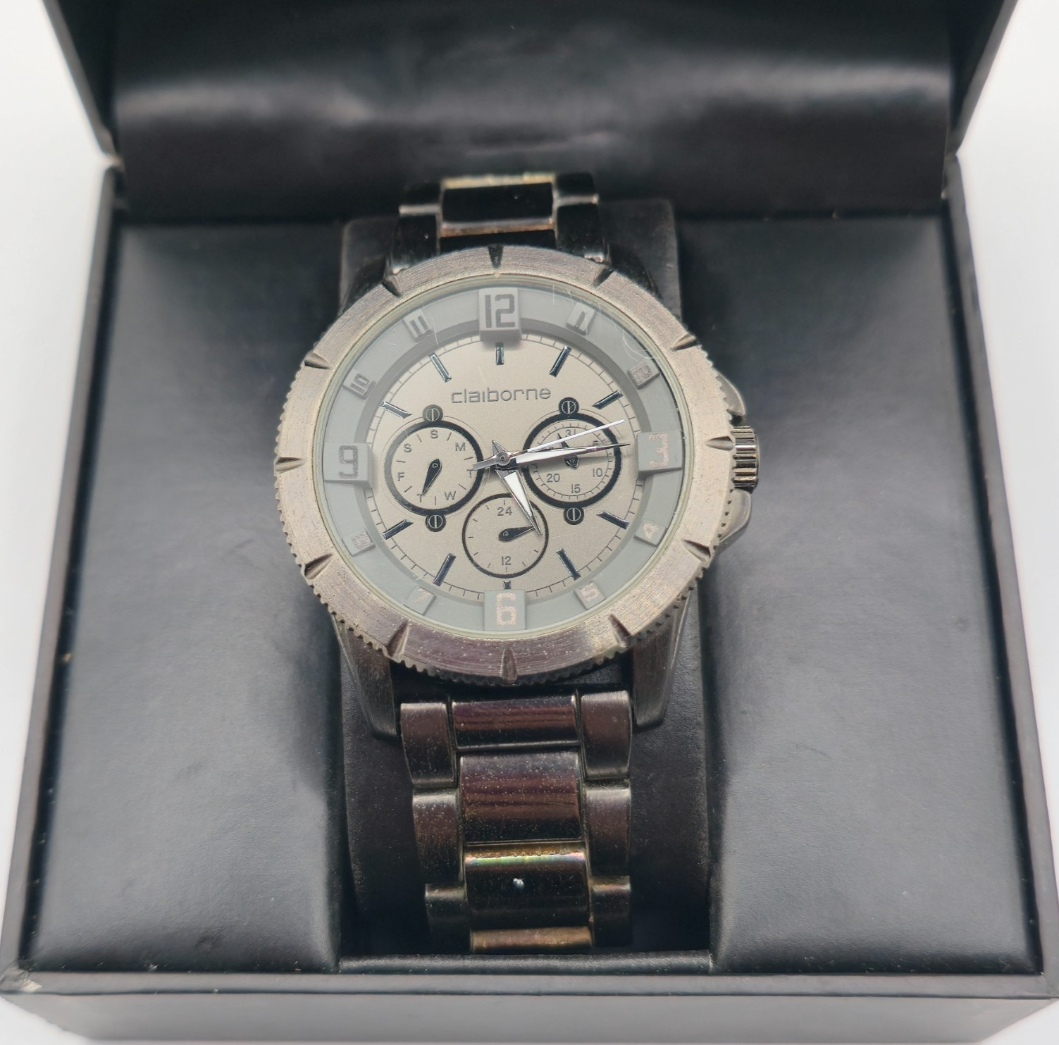 Claiborne Men’s Quartz Watch Gunmetal Gray Analog Stainless Steel Chronograph