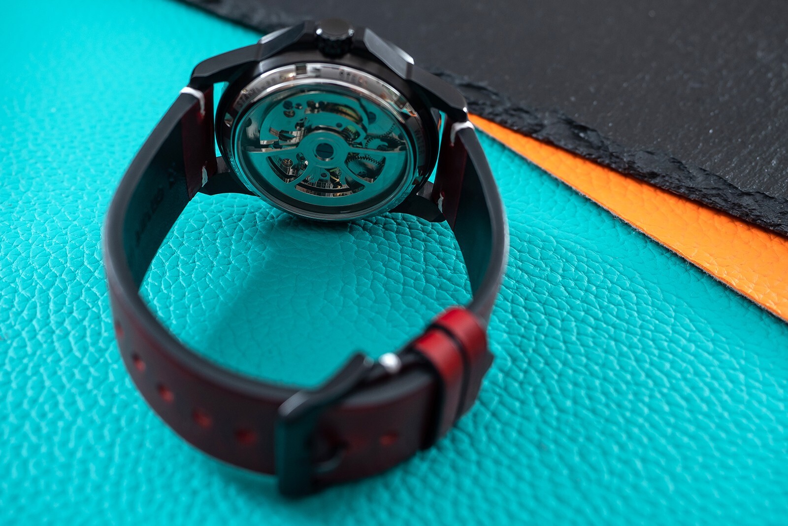 Mens Black Double Flywheel Automatic Mechanical Watch Oil Waxed Dark Red Leather