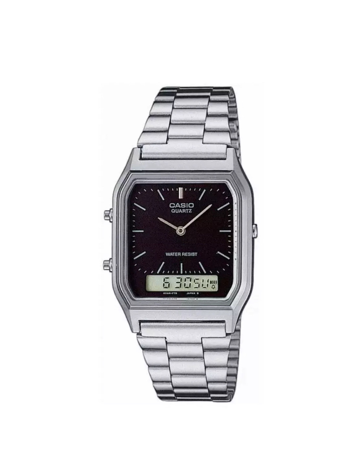 Casio AQ-230A Dual Time Silver Retro Stainless Steel Analog Digital Watch 38.8mm
