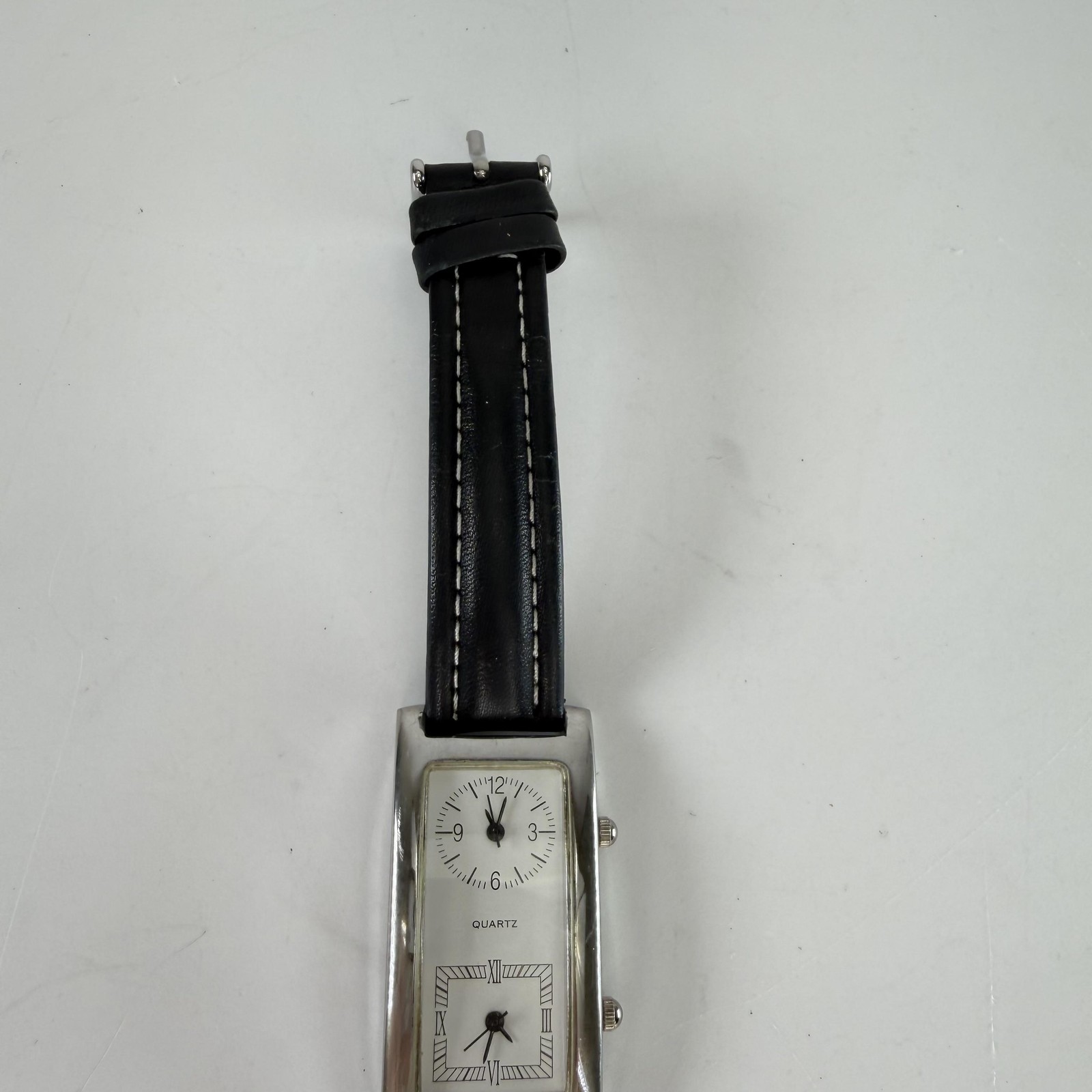 Dual Dial Rectangle Quartz Analog Watch Black Leather Band Silver Tone New Batt