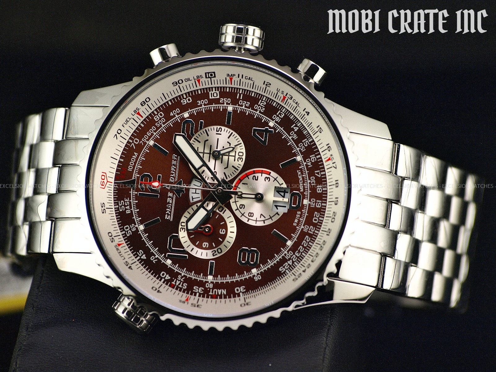 NEW CHASE DURER CDW-0015 FLIGHT COMMANDER SWISS CHRONO SAPPHIRE BROWN SS WATCH