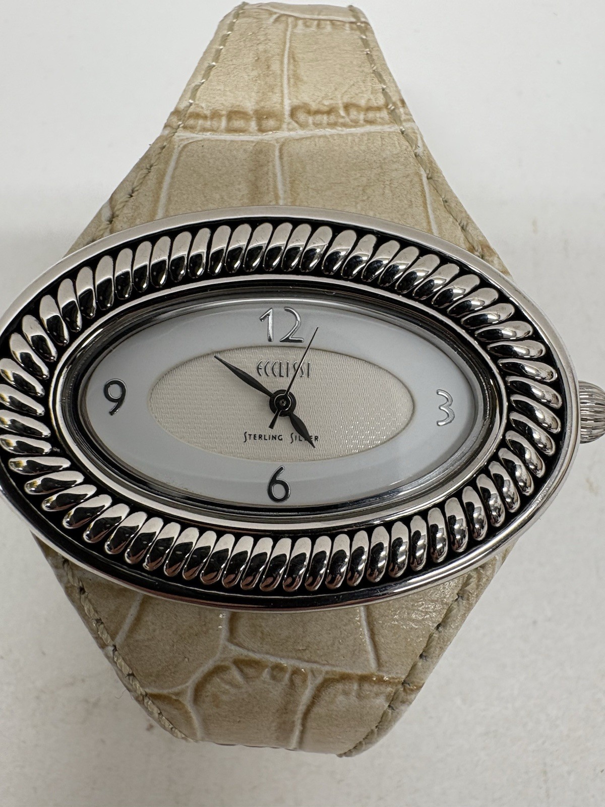 Ecclissi Women’s 925 S. Silver Oval -With White & Beige Leather Band “It Works