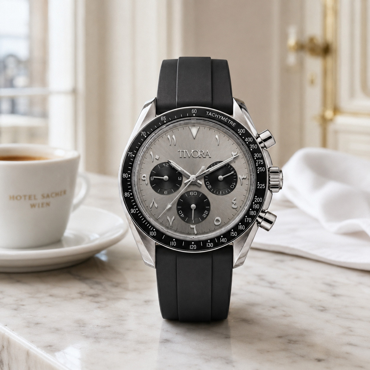 TÍVORÁ Veyron Argent Steel Grey Arabic Dial – Custom Branded Chronograph Watch