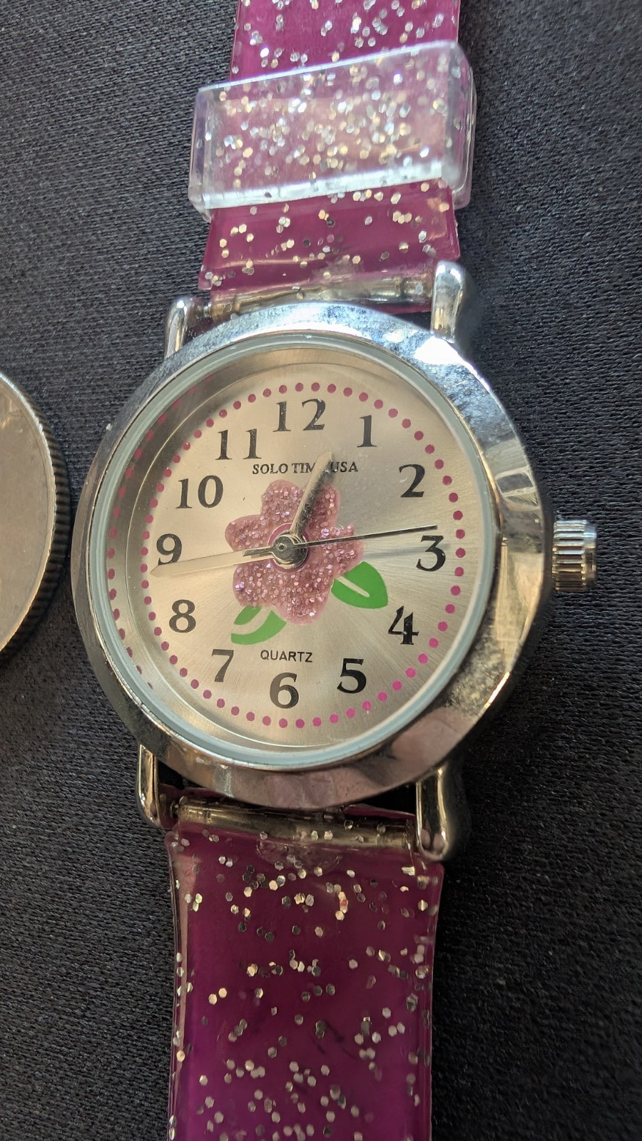 Solo Time USA Girls Pink Glitter Flower Quartz Watch Glow Strap New Battery