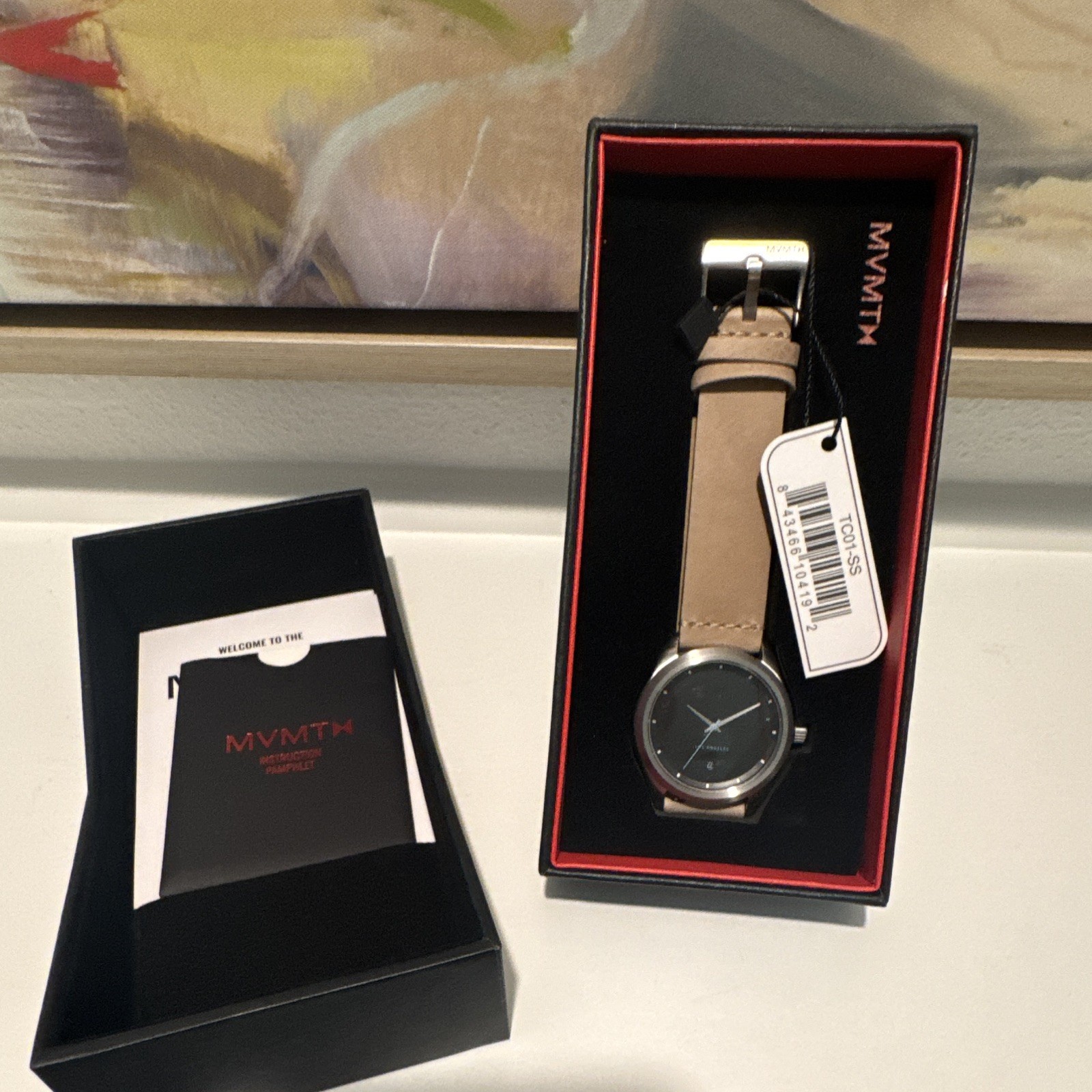 MVMT Los Angeles Quartz Black Dial 42mm Beige Leather Watch w/ Box Manual
