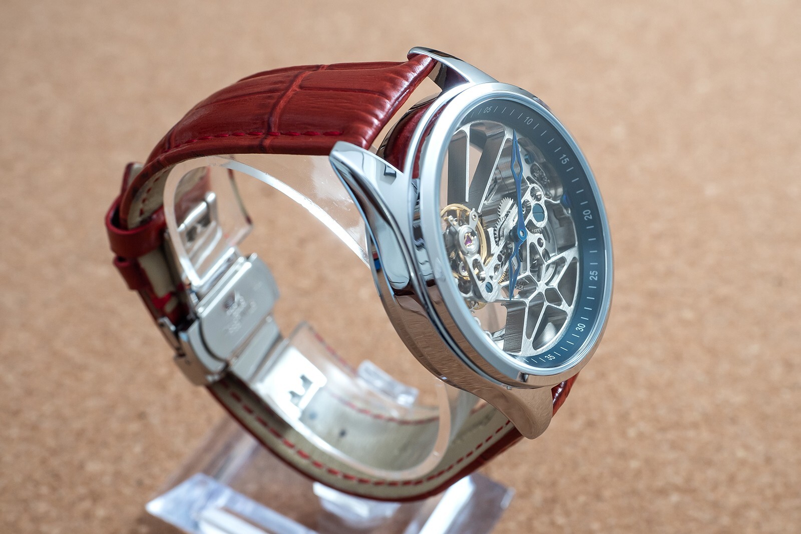 Mens Flywheel Bridge Movement Automatic Mechanical Watch Silver Red Leather Gift