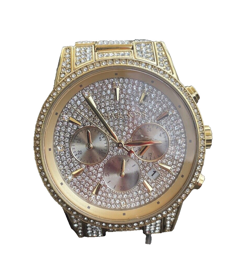 Michael Kors Watch Gold Glitz Ritz Collection Pave Crystals Round NEW BATTERY