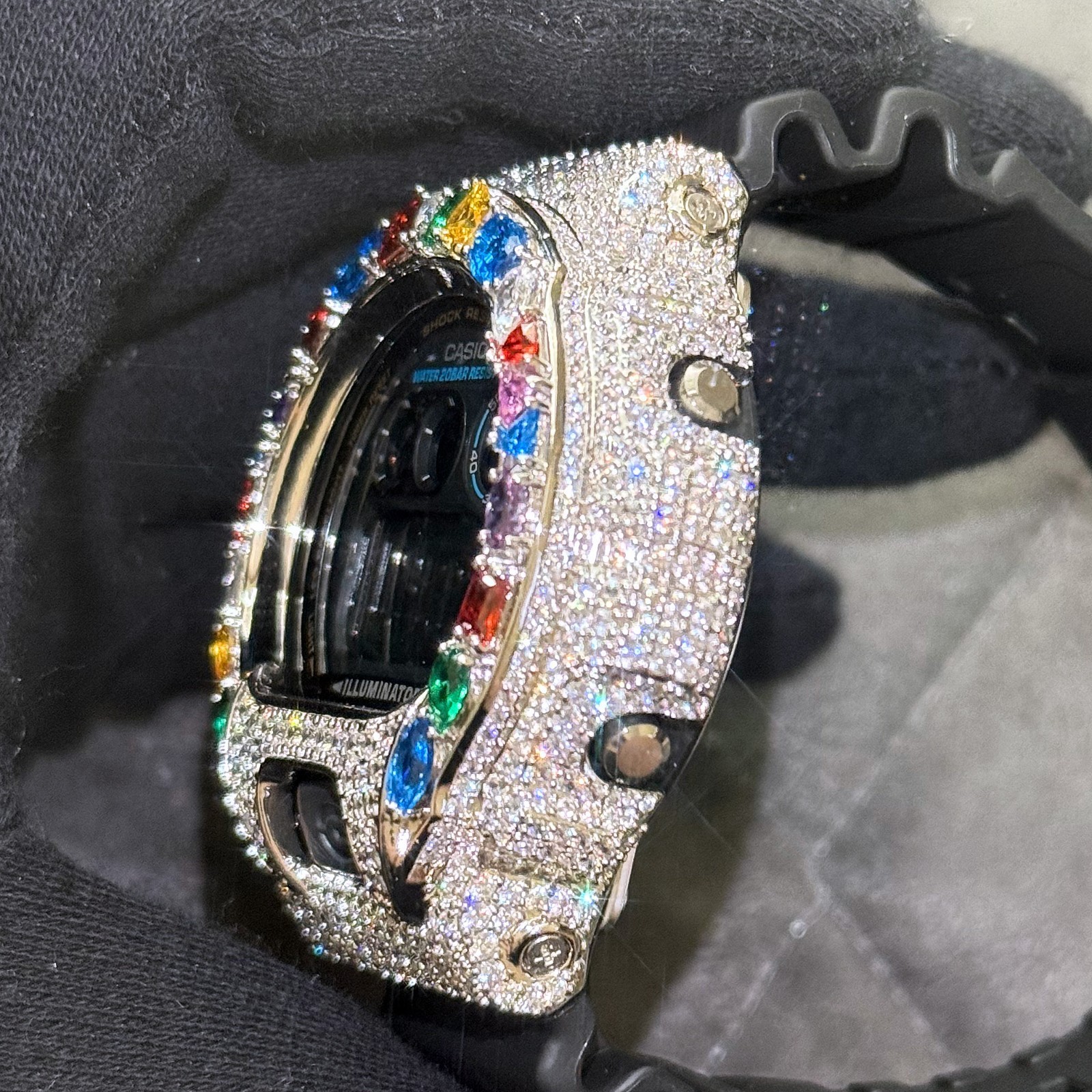 Authentic Casio G-Shock DW6900 Custom Multi Color Gemstone Iced Out Watch Silver
