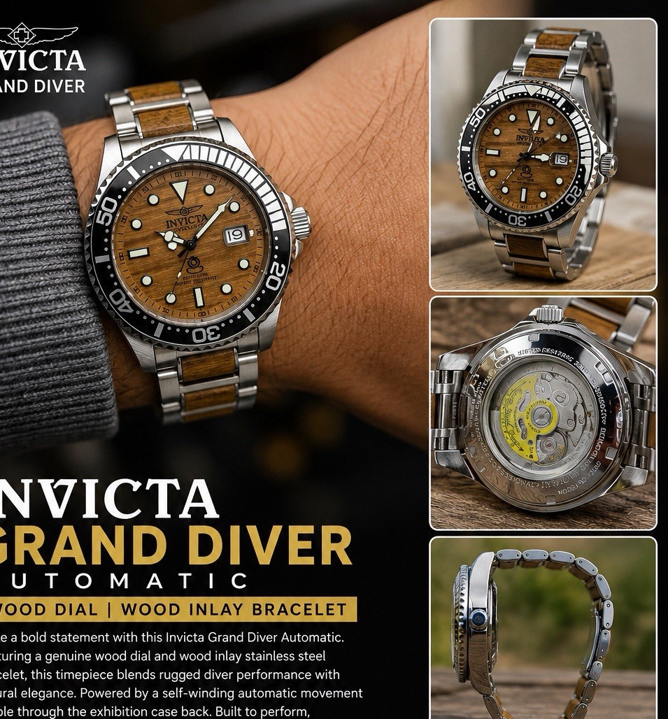 Invicta Grand Diver Automatic Wood Pattern Brown Dial 47mm 200m Bracelet