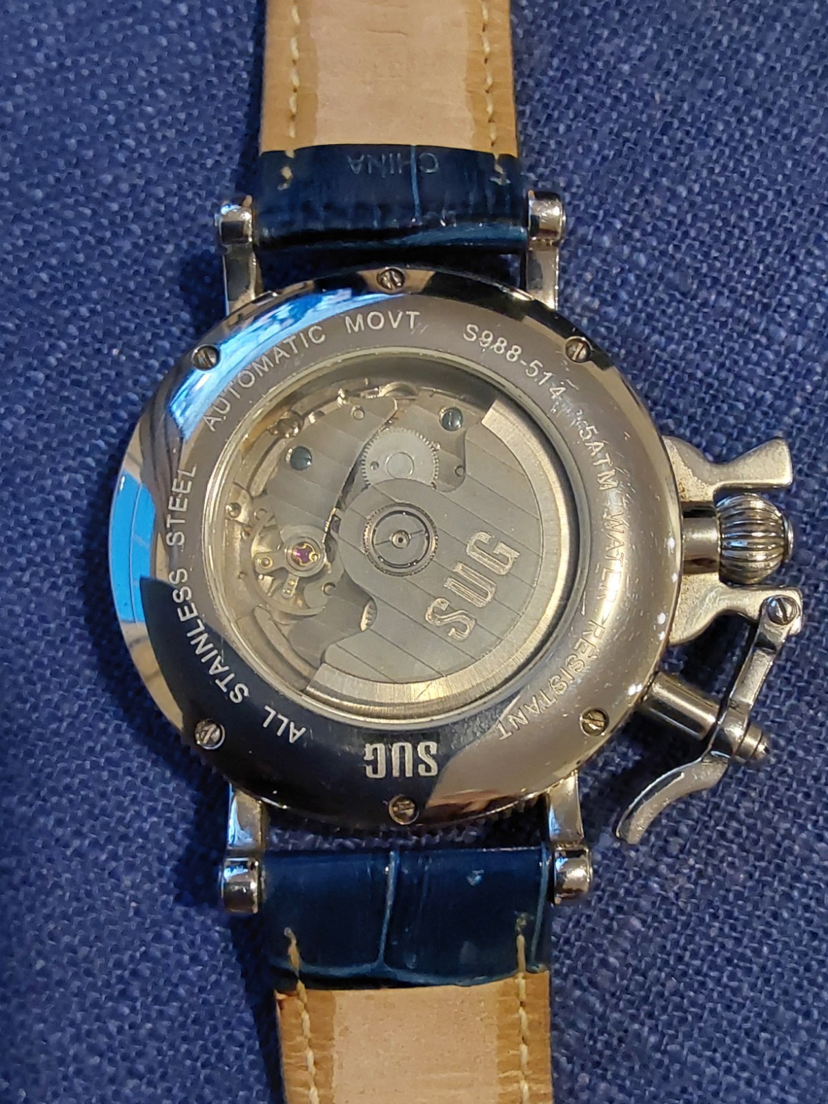 S.U.G. Mens Automatic Day/Date Blue Dial Silver Steel Blue Leather 50m w/ Box