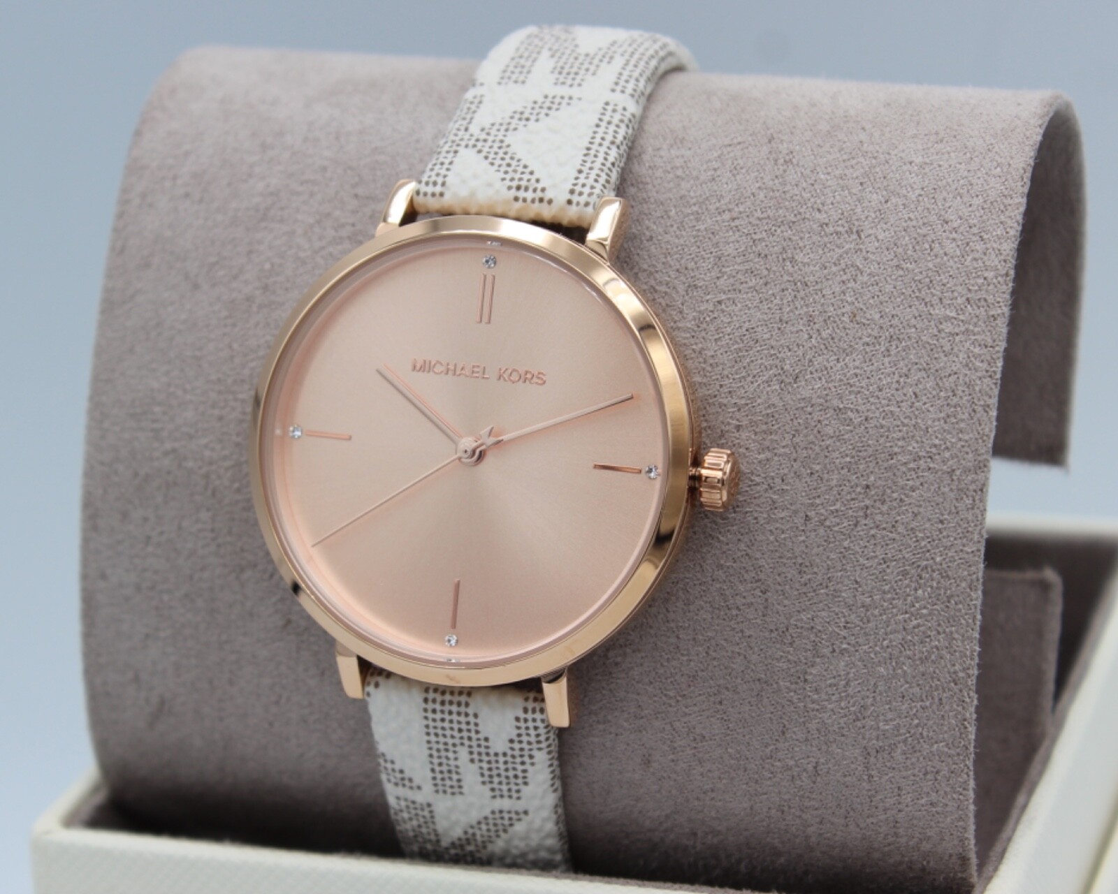 NEW AUTHENTIC MICHAEL KORS JAYNE VANILLA WHITE ROSE GOLD PVC WOMENS MK7128 WATCH