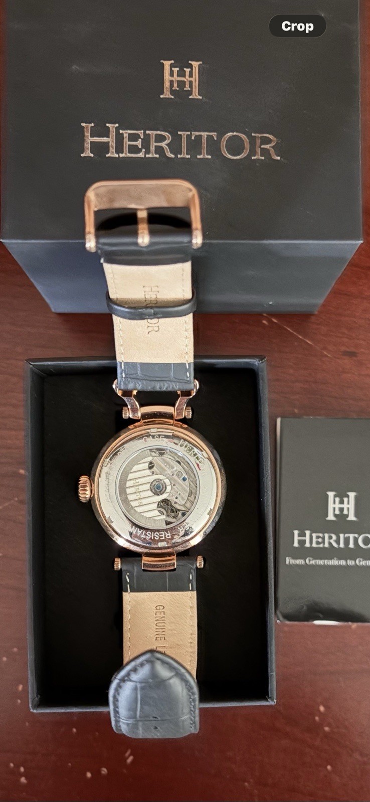 Heritor Automatic Ganzi Semi-Skeleton Leather-Band Watch – Rose Gold/Black