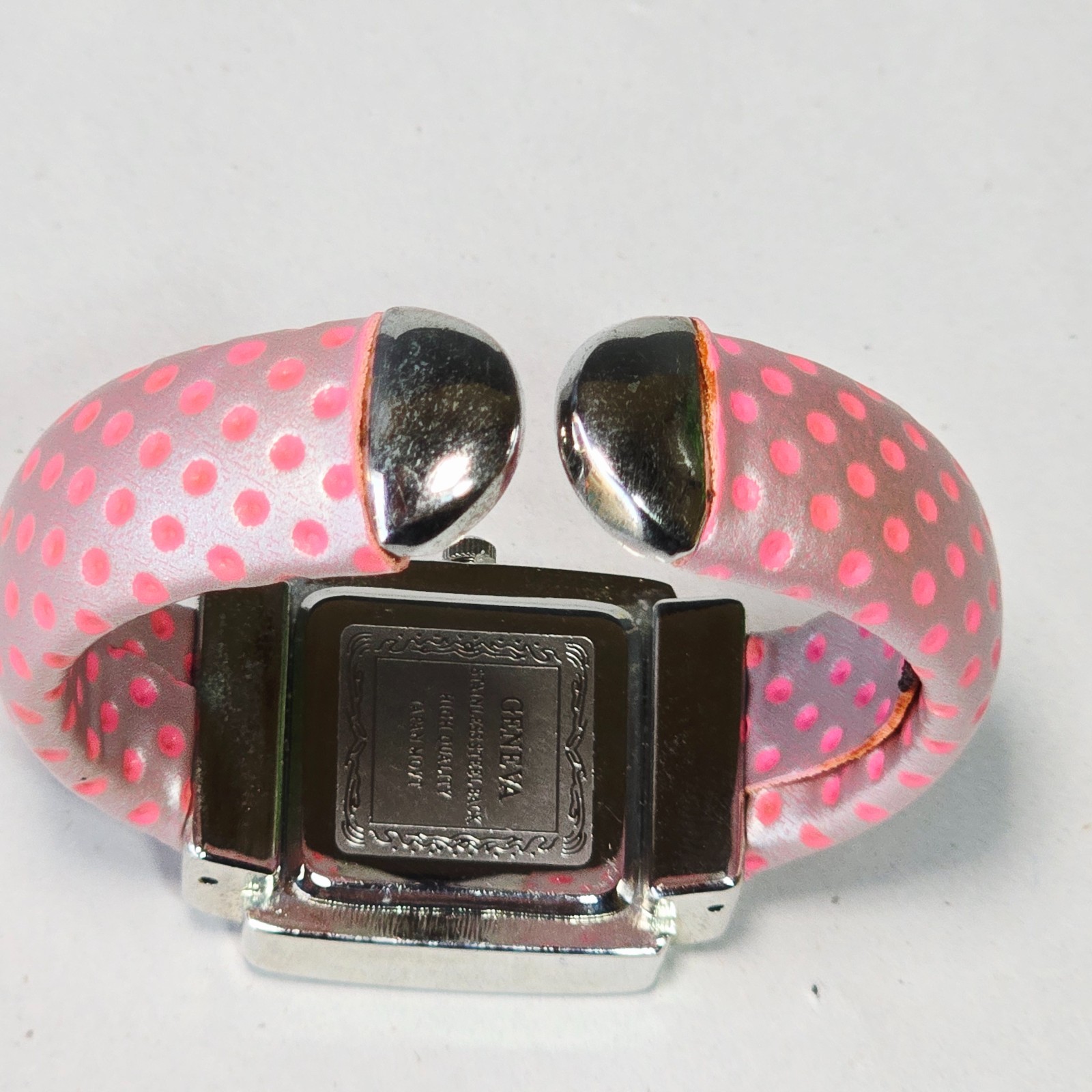Geneva Bangle Watch Pink Polka Dot Quartz G Shape Bezel Vintage 2000s Retro