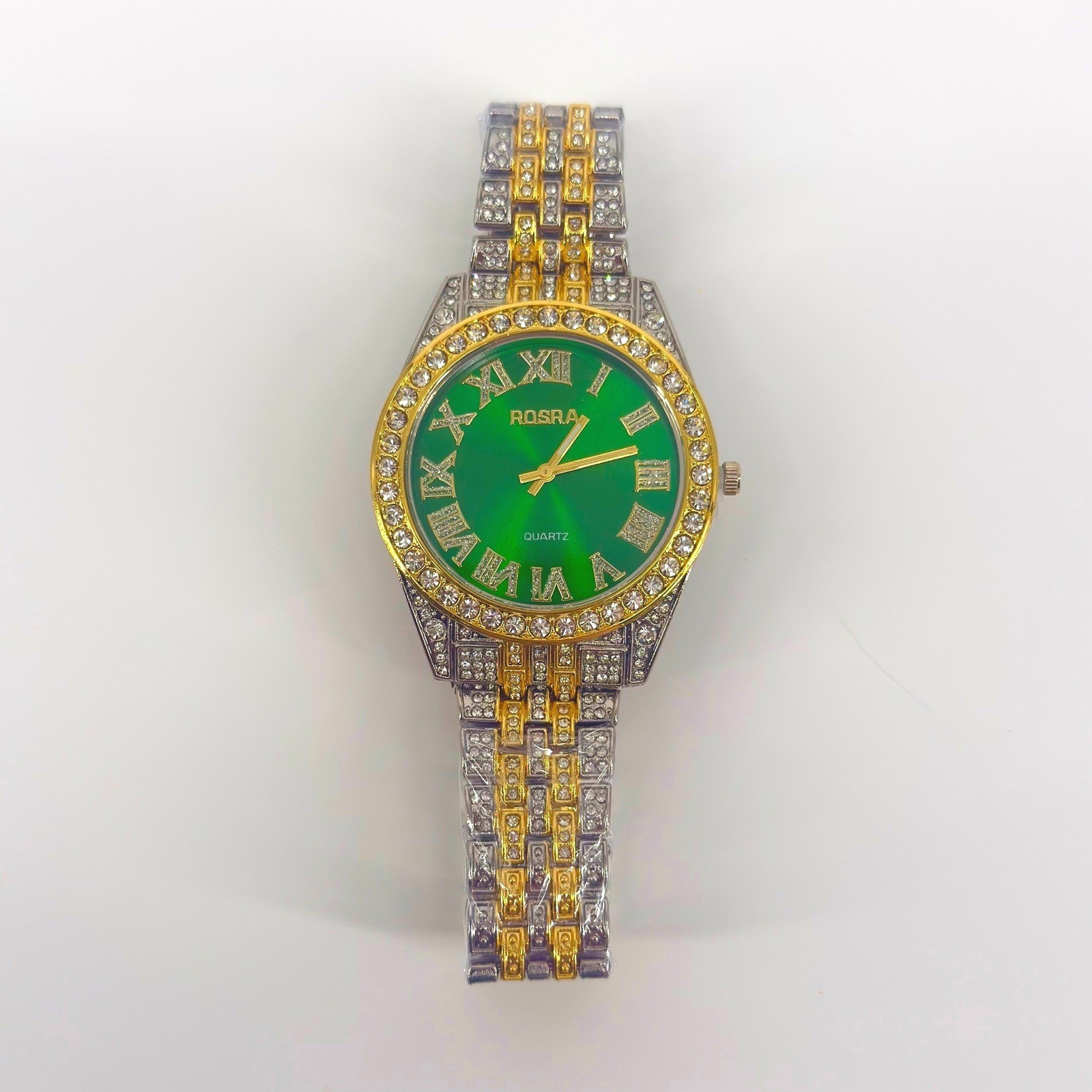 Rosra Mens Two Tone Green Dial Iced Out Quartz Watch Rhinestone Roman Numeral 38