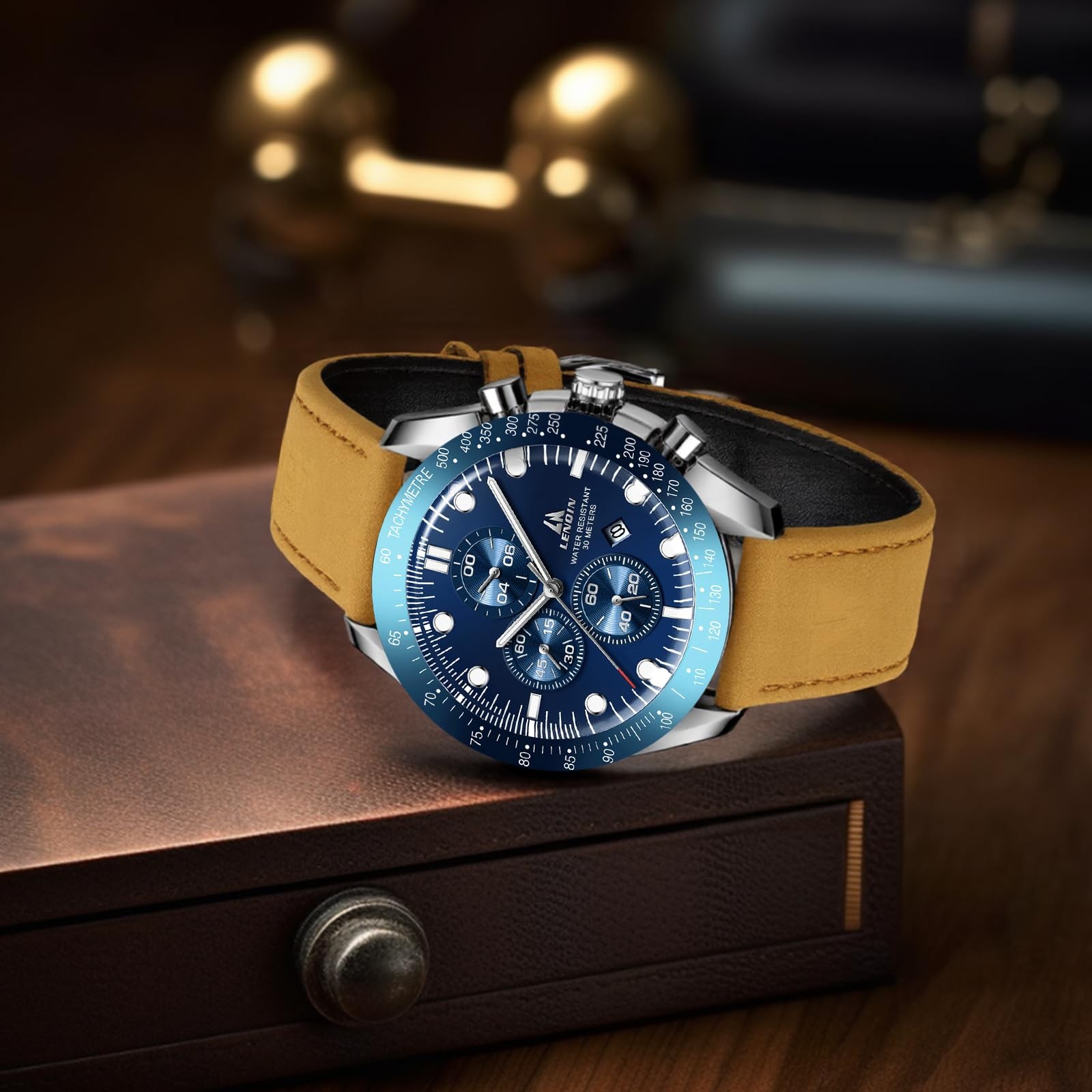 Luminous Men Quartz Watch Date Display Mineral Glass Genuine Leather Strap 46mm