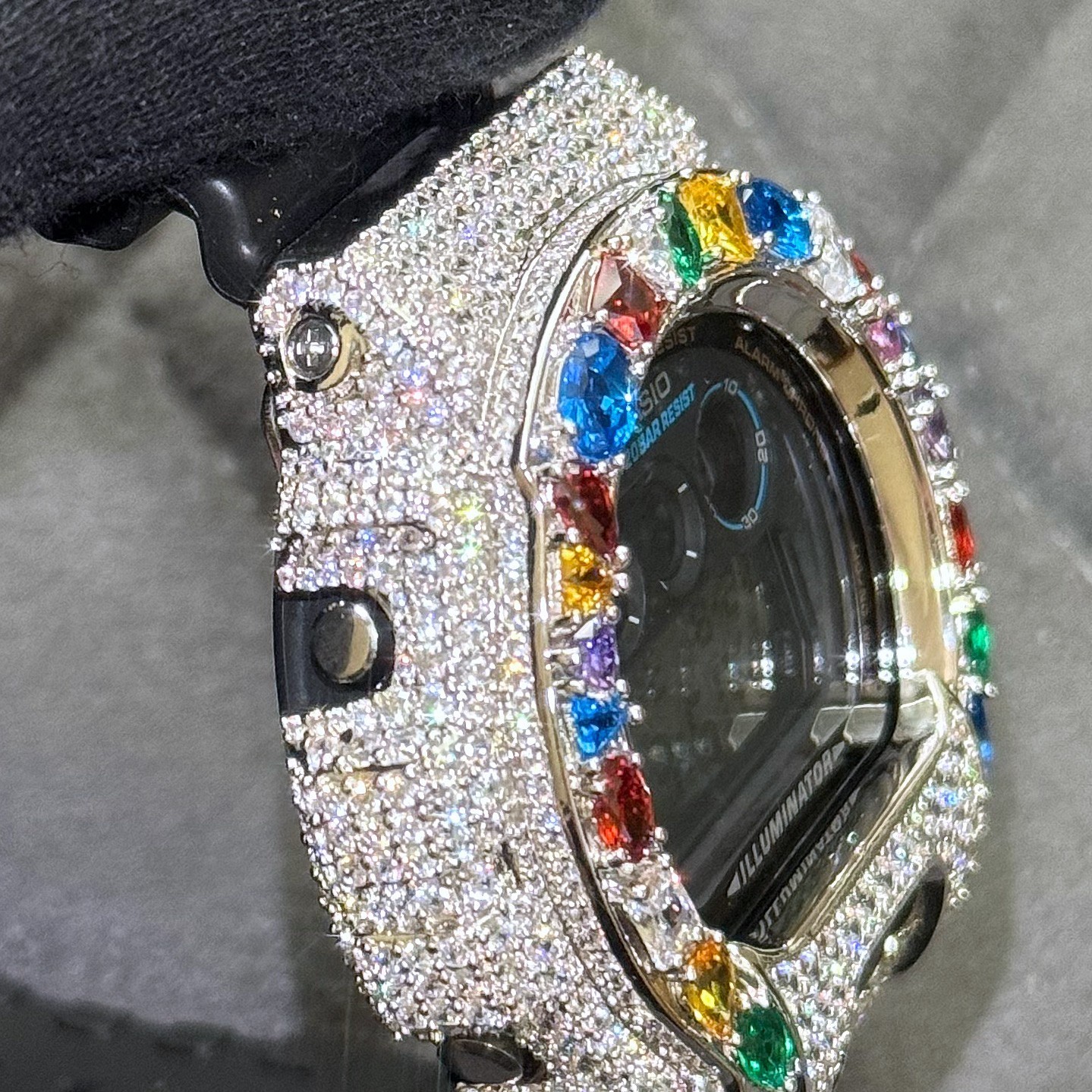 Authentic Casio G-Shock DW6900 Custom Multi Color Gemstone Iced Out Watch Silver