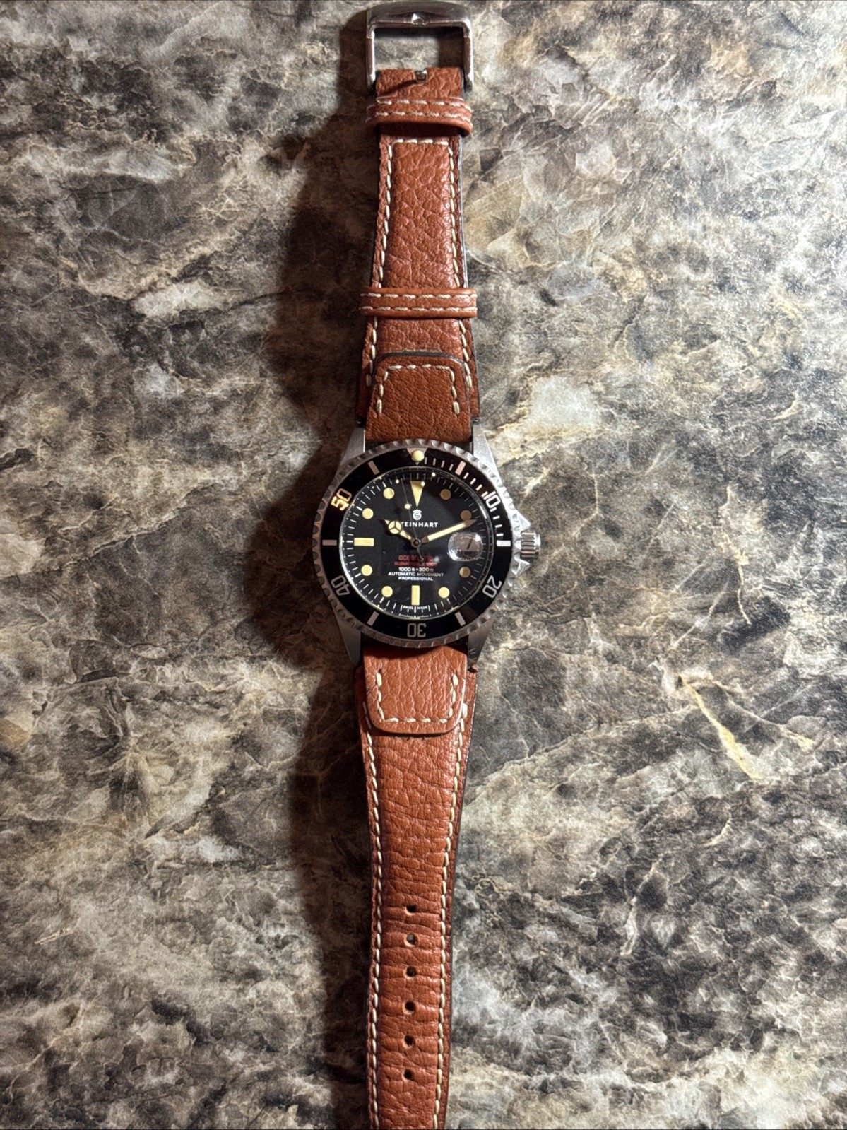 Steinhart Ocean One Vintage Automatic Diver Watch 39mm Black Dial Brown Strap