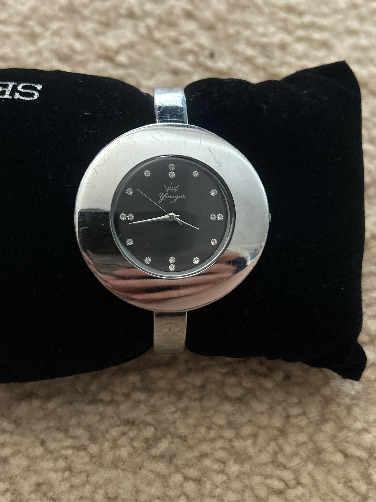 Yonger and Bresson Round Steel Black Dial Crystal Watch DMC 1485/01 new