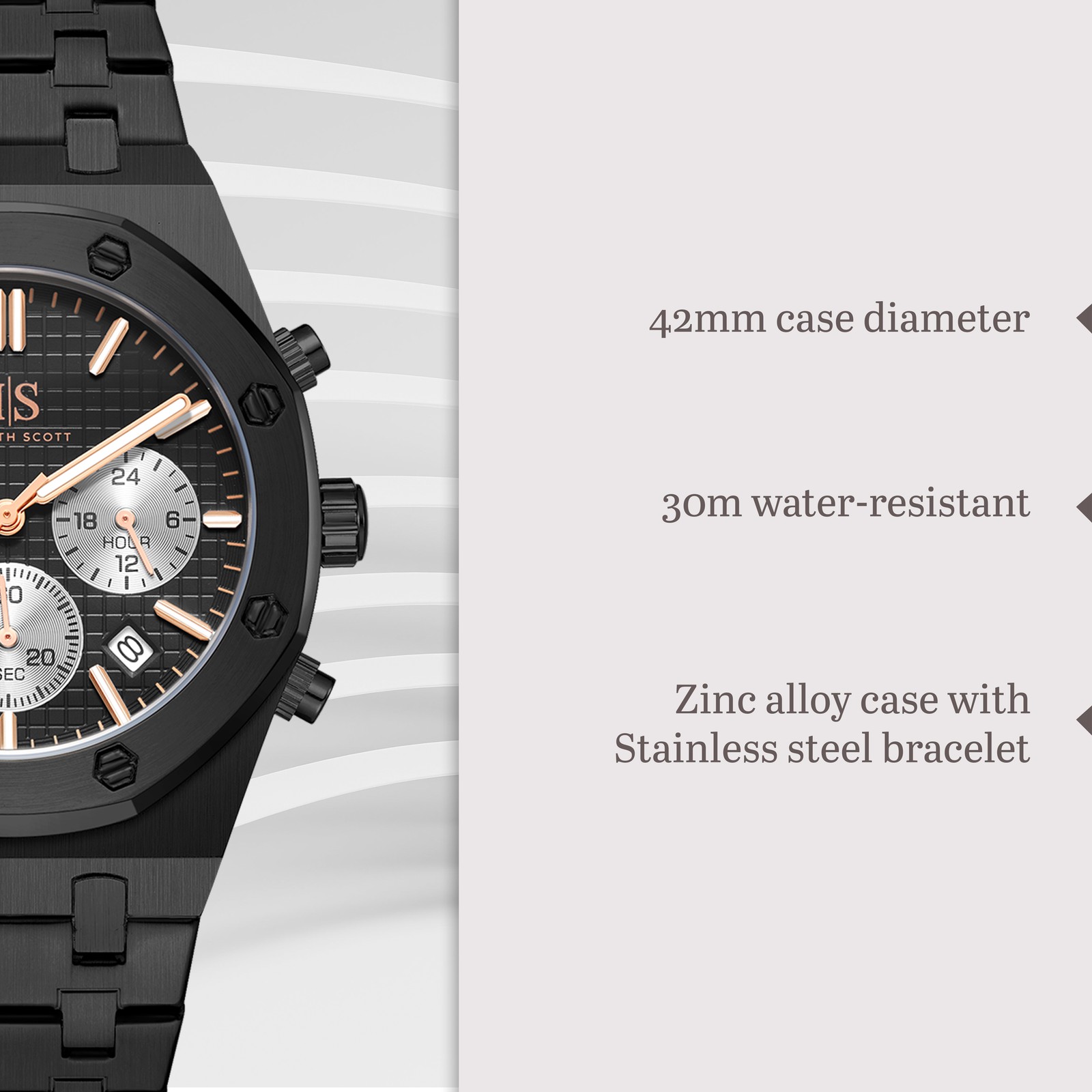 Kenneth Scott Men’s Multi Function Watch | Black Dial, 42mm, 30 m (3 ATM)