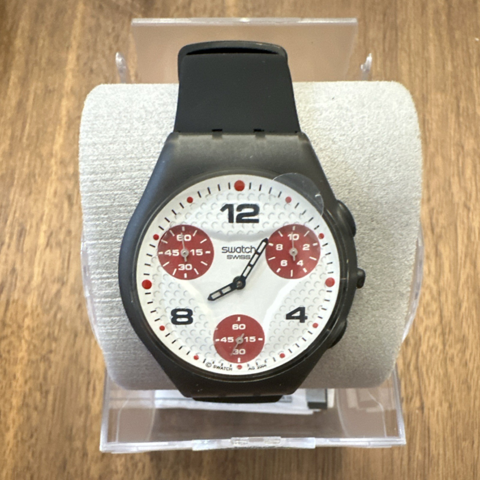 Swatch Dotty Dots Chronograph Quartz Analog Black Rubber Strap White Red