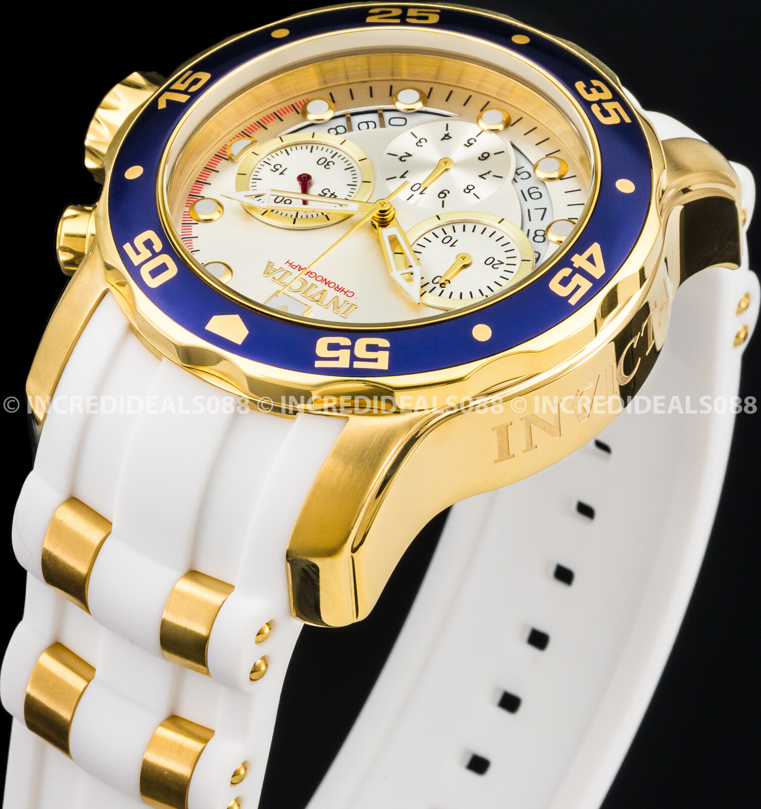 Invicta Men PRO DIVER SCUBA CHRONOGRAPH Gold Blue Silver Dial White Strap Watch
