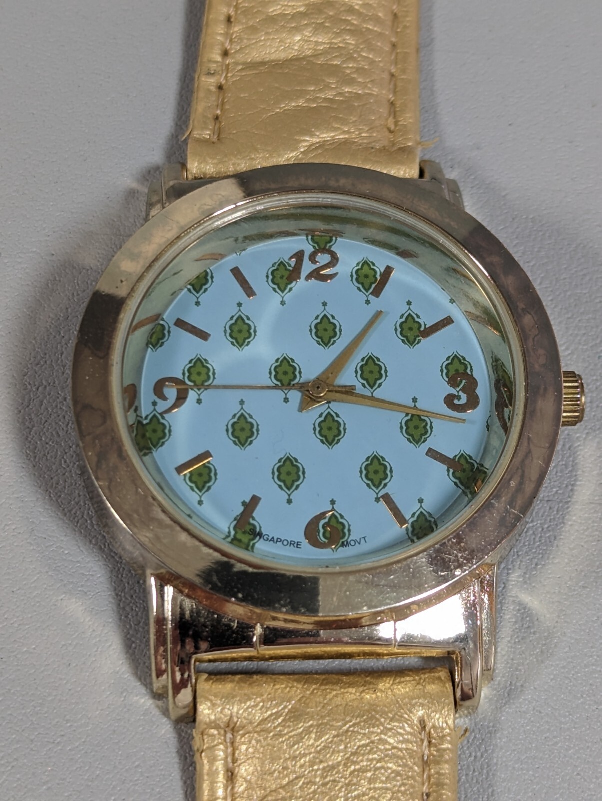 Blue Green Dial Round Gold Tone Case Yellow Leather Band Watch