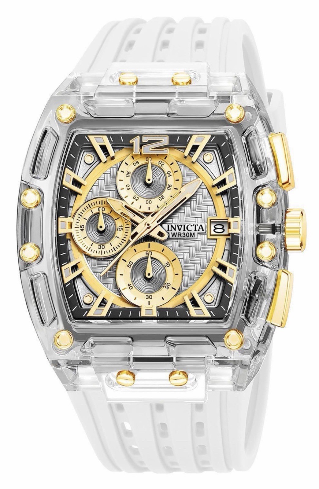 Invicta S1 Rally 70147 Men’s 42mm Transparent Case Gold White Silicone Watch