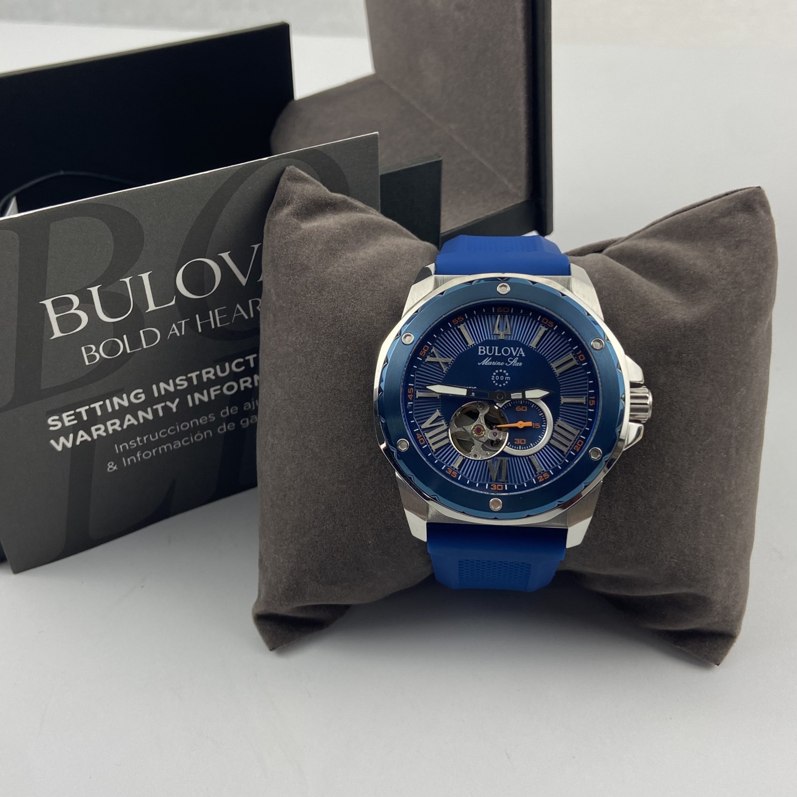 Bulova 98A303 Marine Star Men’s Automatic Watch Blue Dial Blue Rubber Strap 45mm