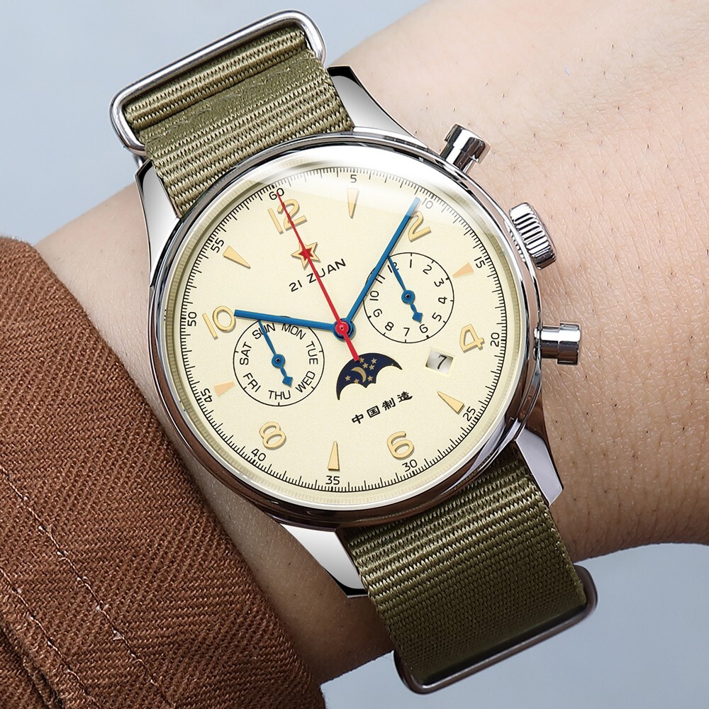 Men’s Vintage Pilot Automatic Mechanical Watch Seagull Movement Chronograph Moon